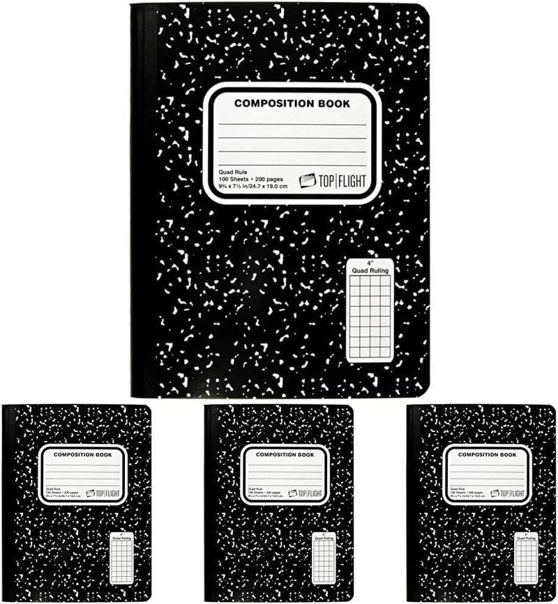 Top Flight Sewn Marble Composition Book, Black/White, Quad Rule, 4 Squares per Inch, 9.75 x 7.5 Inches, 100 Sheets (41320) (Pack of 4) - Image 1