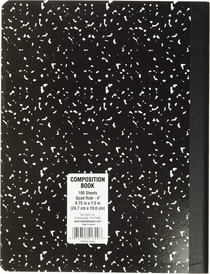 Top Flight Sewn Marble Composition Book, Black/White, Quad Rule, 4 Squares per Inch, 9.75 x 7.5 Inches, 100 Sheets (41320) (Pack of 4) - Image 2