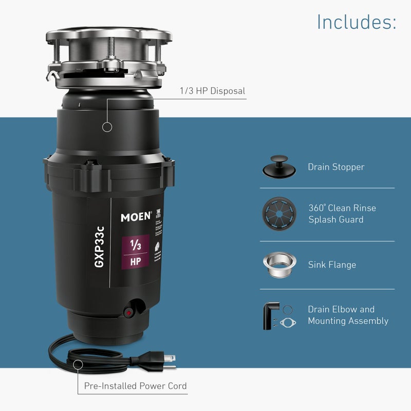 Moen Lite Series PRO Compact Continuous Feed Garbage Disposal for Kitchen Sink with Power Cord, GXP33C - Image 3