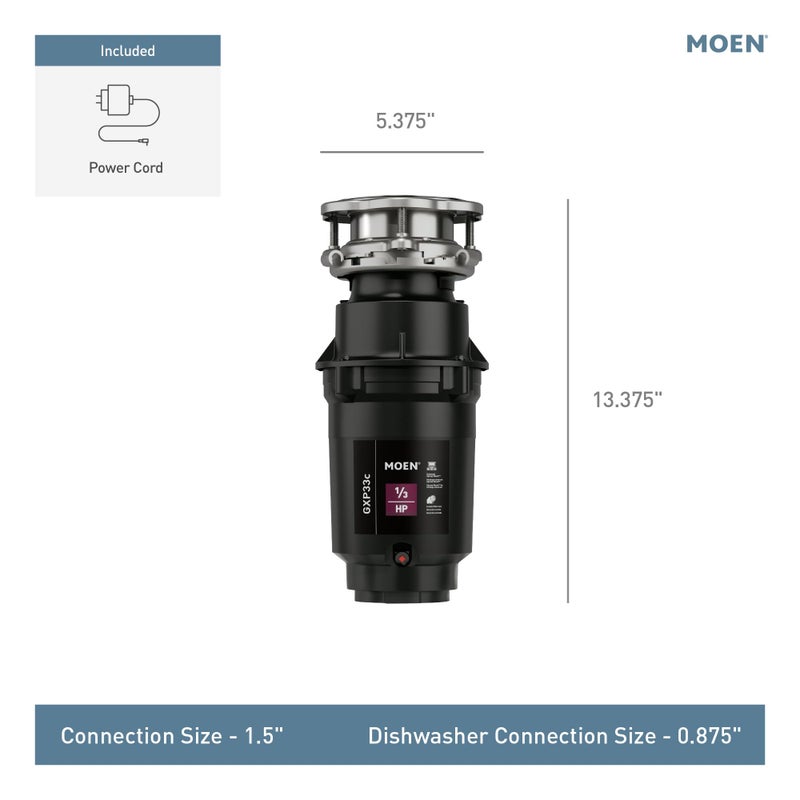 Moen Lite Series PRO Compact Continuous Feed Garbage Disposal for Kitchen Sink with Power Cord, GXP33C - Image 4