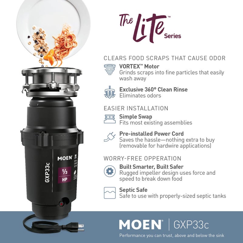 Moen Lite Series PRO Compact Continuous Feed Garbage Disposal for Kitchen Sink with Power Cord, GXP33C - Image 2