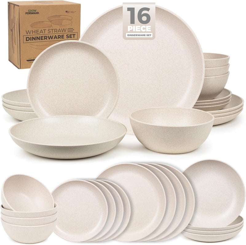 Grow Forward 16-piece Premium Wheat Straw Dinnerware Sets for 4 - Unbreakable Dishwasher & Microwave Safe Plastic Plates and Bowls Sets - Patio, Outdoors, RV, Camping Dishes - Sahara - Image 1