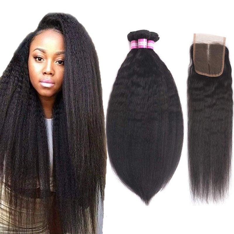 Odir Kinky Straight Bundles with Closure Brazilian Human Hair 12 14 1610 Inch Unprocessed 9A Yaki Straight Hair 3 Bundles with 4x4 Lace Closure Natural Color
