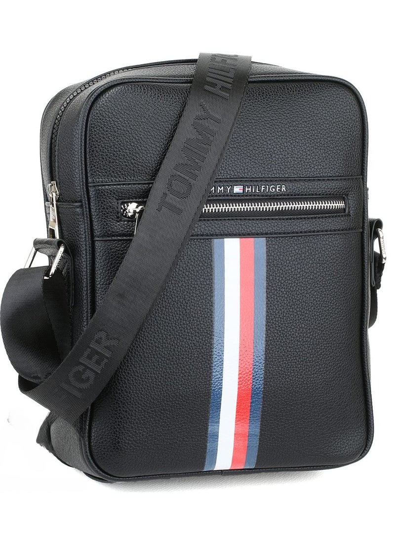 Tommy Hilfiger Plus Black Leather Tommy Hilfiger Flag Crossbody Messenger Mens Bag  - Image 2
