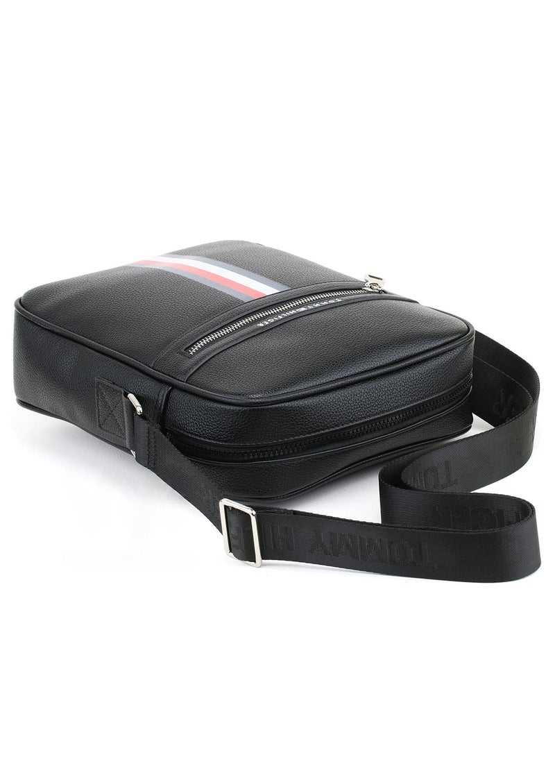 Tommy Hilfiger Plus Black Leather Tommy Hilfiger Flag Crossbody Messenger Mens Bag  - Image 5