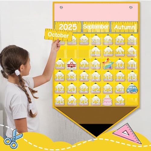 Feifeiya Pencil Calendar Pocket Chart with 82 Activity Cards Classroom Learning Circle Time Calendar Teacher Daily Schedule Pocket Chart for Classroom Homeschool Preschool Office Supplies - Image 5