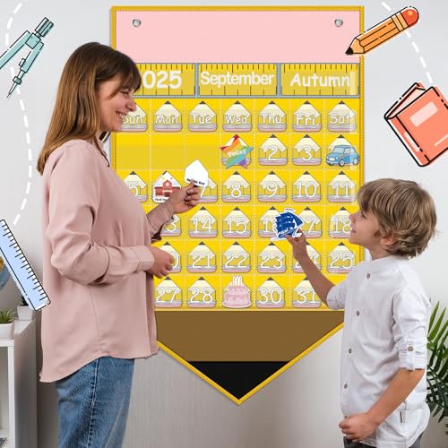 Feifeiya Pencil Calendar Pocket Chart with 82 Activity Cards Classroom Learning Circle Time Calendar Teacher Daily Schedule Pocket Chart for Classroom Homeschool Preschool Office Supplies - Image 4