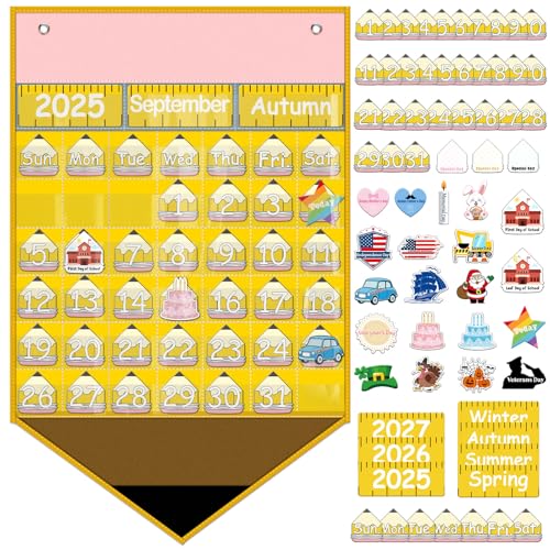Feifeiya Pencil Calendar Pocket Chart with 82 Activity Cards Classroom Learning Circle Time Calendar Teacher Daily Schedule Pocket Chart for Classroom Homeschool Preschool Office Supplies - Image 1