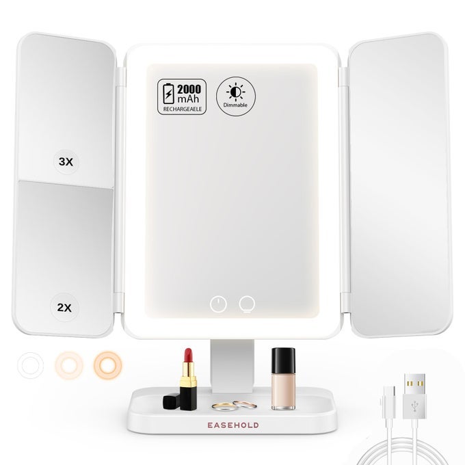 LIGHTED MAKEUP MIRROR WITH 3X MAGNIFICATION 3 COLOR LIGHTS TOUCH SENSOR RECHARGEABLE TRIFOLD VANITY MIRROR FOR TRAVEL DESK HOME USE