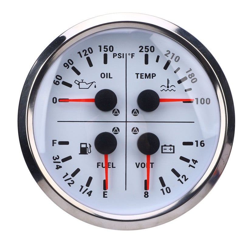 4 In 1 Multifunction Gauge White Dial Silver Bezel Compact Space Saving Design Multifunction Gauge - Wide Accurate Indicating Range 4 In 1 Gauge for Motorhomes Yachts Trucks - Image 1