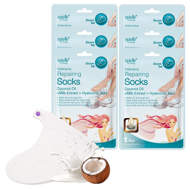 Epielle Intensive Repairing Foot Mask 6 Pairs, Renew and Soften with Coconut Oil & Milk Extract, Deep Moisturizing Socks for Dry, Cracked Feet, Self Care Gifts for Women, Spa Kit, Stocking Stuffers - Image 1