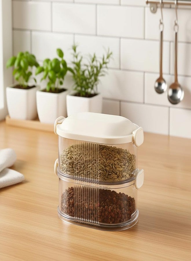 DecorTwist Plastic Airtight Containers for Condiments | 2-layer Storage Box Spice Containers for Kitchen | Leak Proof Condiment Jars with Lids for Masala, Fruit, Snack and Spice (14 x 9 x 11cm) White - Image 1