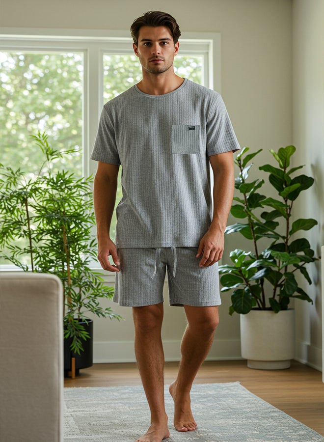 trendyol Grey Melange Oversize Fit Ribbed Knitted Shorts Pajama Set - Image 1