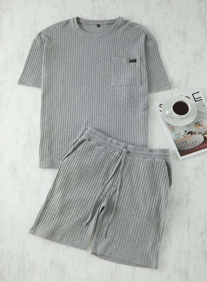 trendyol Grey Melange Oversize Fit Ribbed Knitted Shorts Pajama Set - Image 2