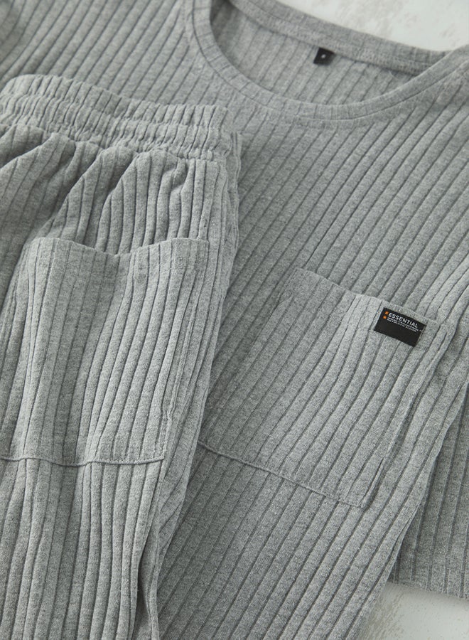 trendyol Grey Melange Oversize Fit Ribbed Knitted Shorts Pajama Set - Image 3