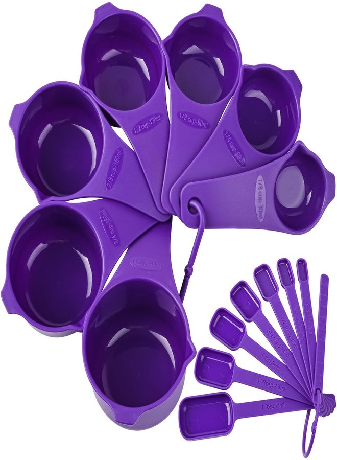 Kalsreui Plastic Measuring Cups and Spoons Set 15, 7 Dry&Liquid Measuring Cup Spoon Set, 7 Spice Long Handle Measuring Spoons with 1 Leveler for Kitchen and Baking, Metric Measure Cups & Spoons Purple - Image 2