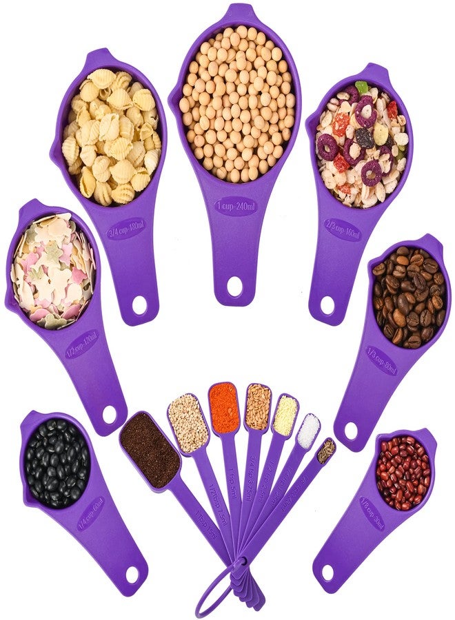 Kalsreui Plastic Measuring Cups and Spoons Set 15, 7 Dry&Liquid Measuring Cup Spoon Set, 7 Spice Long Handle Measuring Spoons with 1 Leveler for Kitchen and Baking, Metric Measure Cups & Spoons Purple - Image 4