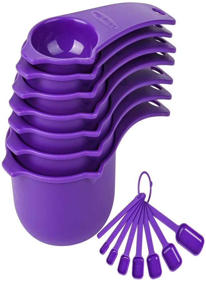 Kalsreui Plastic Measuring Cups and Spoons Set 15, 7 Dry&Liquid Measuring Cup Spoon Set, 7 Spice Long Handle Measuring Spoons with 1 Leveler for Kitchen and Baking, Metric Measure Cups & Spoons Purple - Image 1