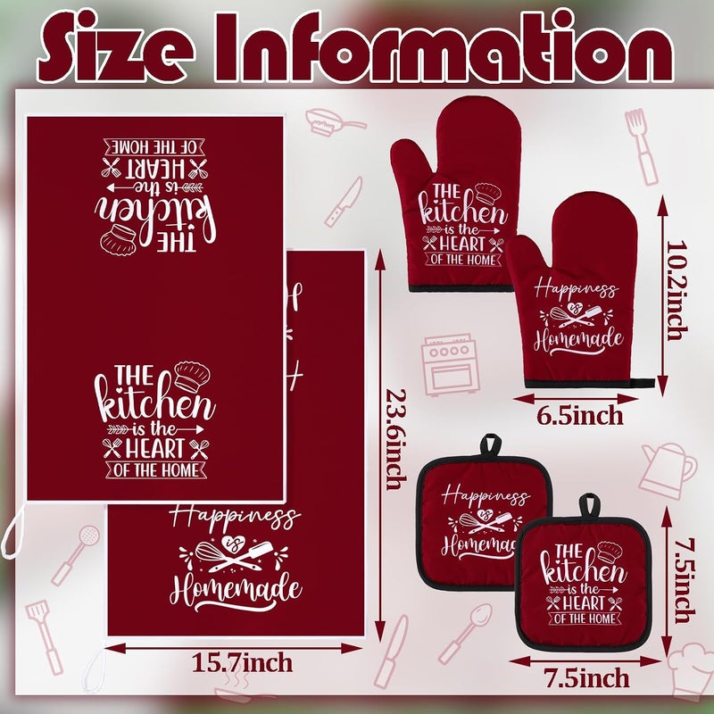 Sratte 6 Pcs Kitchen Decor Accessories Set Farmhouse Towels Pot Holders Oven Mitts Set 2 Dish Towels 2 Potholders 2 Cooking Mittens Oven Glove for Christmas Baking Cooking(Wine Red,Kitchen) - Image 4