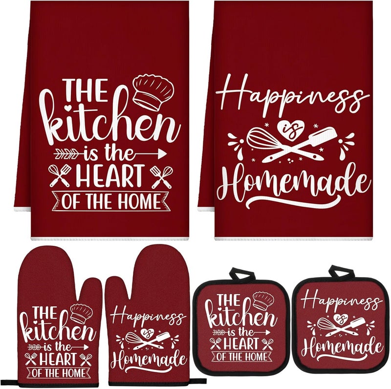 Sratte 6 Pcs Kitchen Decor Accessories Set Farmhouse Towels Pot Holders Oven Mitts Set 2 Dish Towels 2 Potholders 2 Cooking Mittens Oven Glove for Christmas Baking Cooking(Wine Red,Kitchen) - Image 1