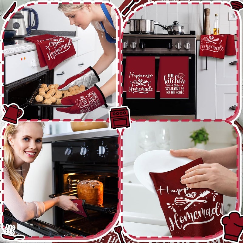 Sratte 6 Pcs Kitchen Decor Accessories Set Farmhouse Towels Pot Holders Oven Mitts Set 2 Dish Towels 2 Potholders 2 Cooking Mittens Oven Glove for Christmas Baking Cooking(Wine Red,Kitchen) - Image 5