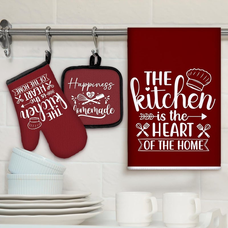 Sratte 6 Pcs Kitchen Decor Accessories Set Farmhouse Towels Pot Holders Oven Mitts Set 2 Dish Towels 2 Potholders 2 Cooking Mittens Oven Glove for Christmas Baking Cooking(Wine Red,Kitchen) - Image 2