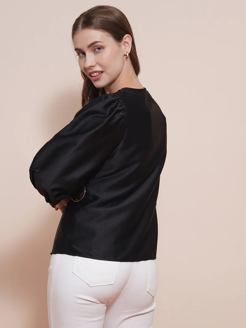 جلو باص Women Black Wrap Neck Cuffed Sleeves Buckle Detail Satin Workwear Top