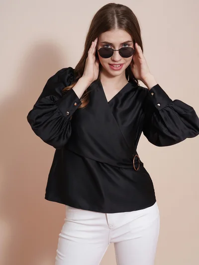 جلو باص Women Black Wrap Neck Cuffed Sleeves Buckle Detail Satin Workwear Top