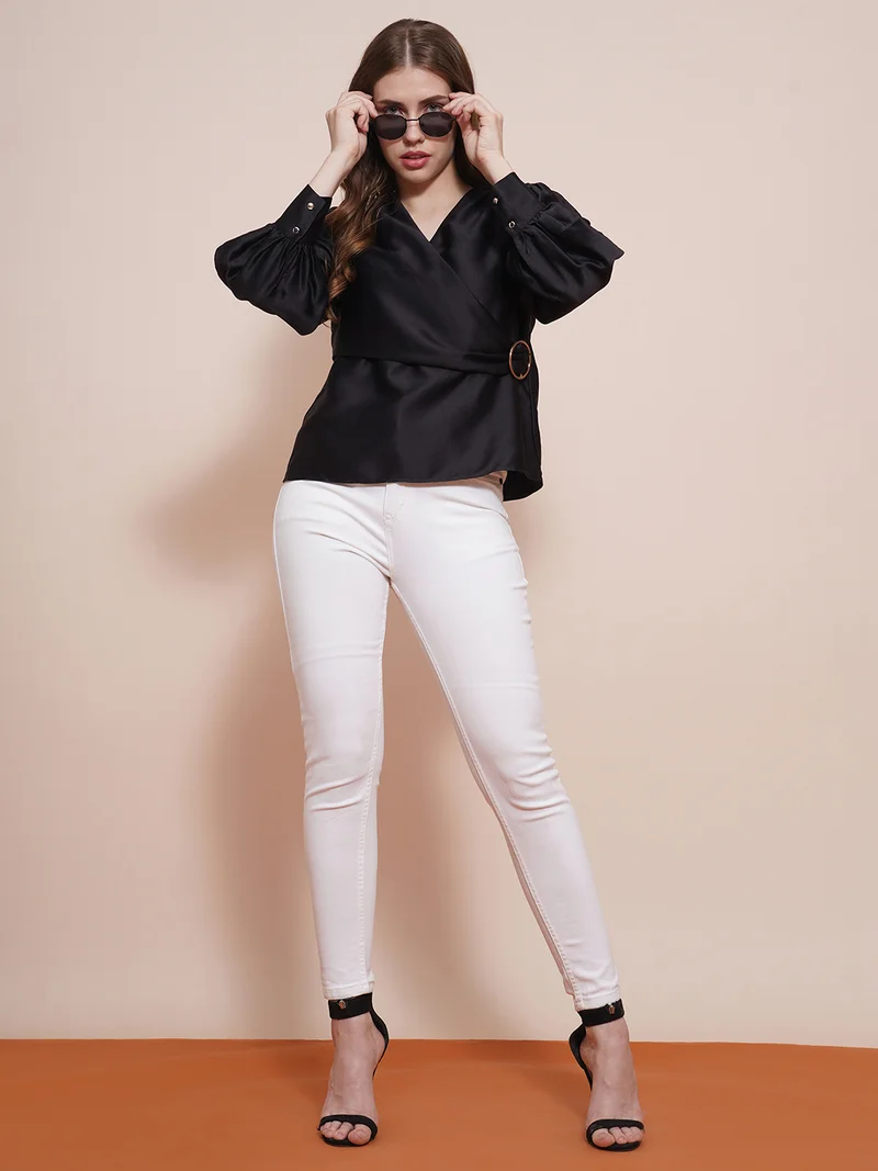 جلو باص Women Black Wrap Neck Cuffed Sleeves Buckle Detail Satin Workwear Top