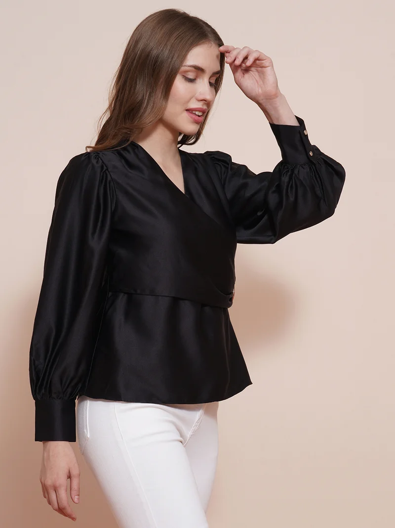جلو باص Women Black Wrap Neck Cuffed Sleeves Buckle Detail Satin Workwear Top
