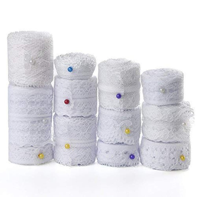 FEPITO 39.6 Yards White Lace Ribbon 12 Rolls Assorted Lace Trim Ribbon for Sewing and Bridal Wedding Scalloped Decorations - Image 1