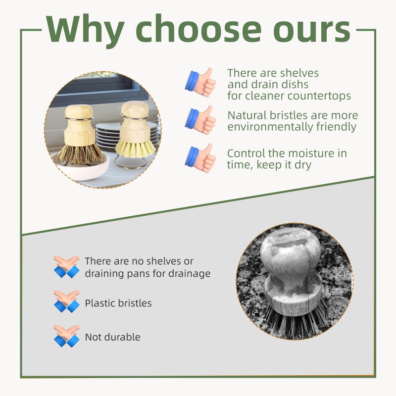 DEBETOOL Bamboo Dish Brush Set with Holder - Natural Dish Scrub Brush for Cleaning Dishes, Fast Dry Design Kitchen Dish Brush for Sinks & Pots - Image 4