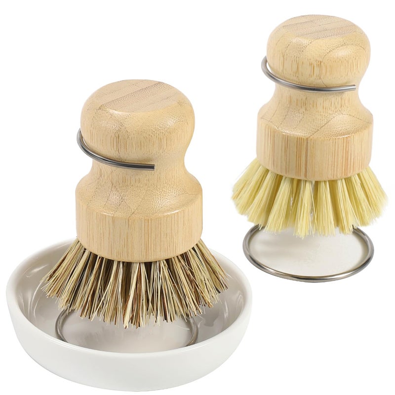 DEBETOOL Bamboo Dish Brush Set with Holder - Natural Dish Scrub Brush for Cleaning Dishes, Fast Dry Design Kitchen Dish Brush for Sinks & Pots - Image 1