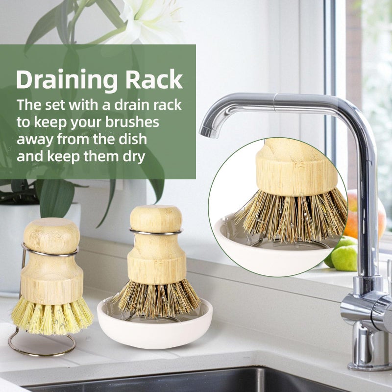 DEBETOOL Bamboo Dish Brush Set with Holder - Natural Dish Scrub Brush for Cleaning Dishes, Fast Dry Design Kitchen Dish Brush for Sinks & Pots - Image 3