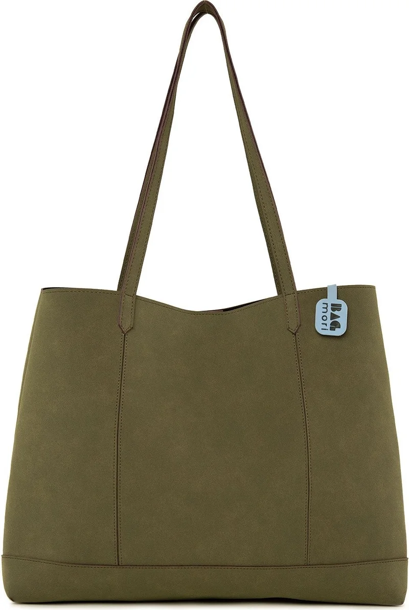 باجموري Khaki Double Stitched Thin Strap Large Nubuck Bag