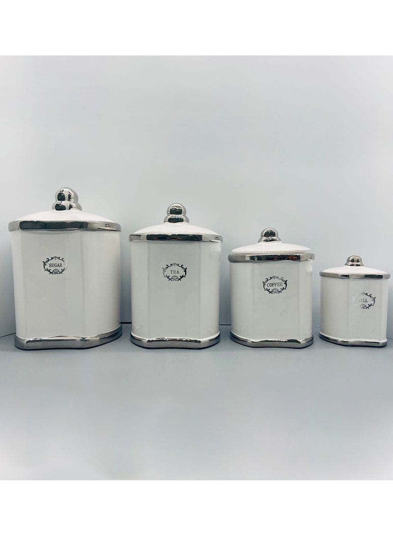 Generic - Set of 4 Deluxe White/Silver Design Storage Jars and Canisters - Image 1