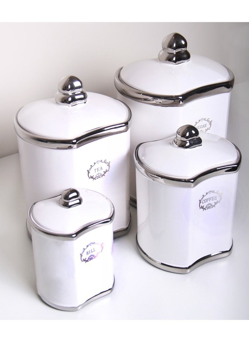 Generic - Set of 4 Deluxe White/Silver Design Storage Jars and Canisters - Image 1