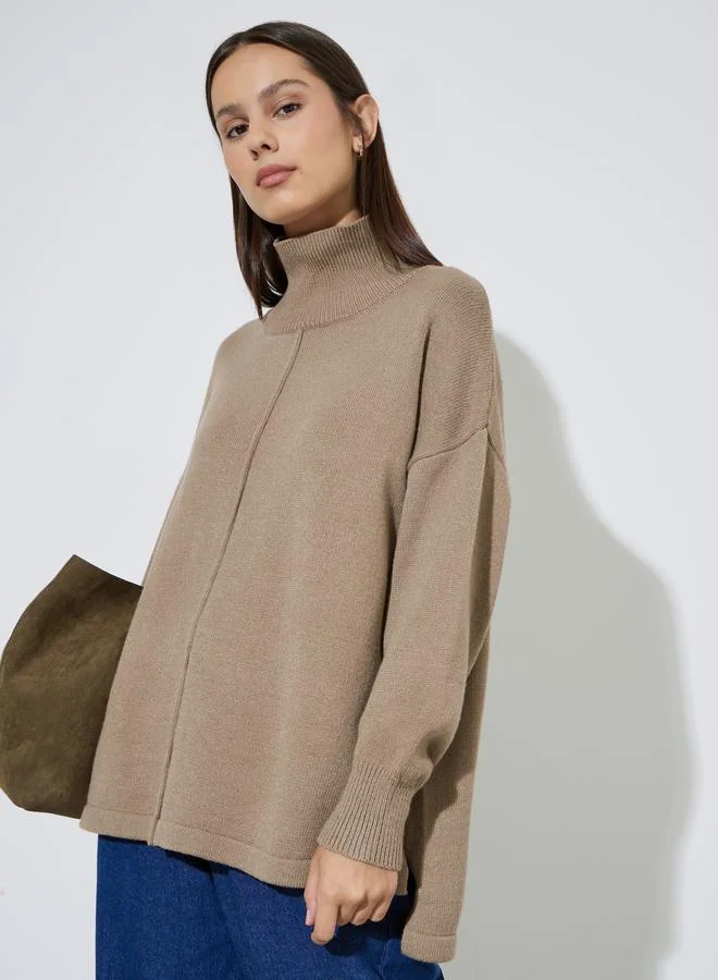 Styli Brown Turtle Neck Oversized Knit Top