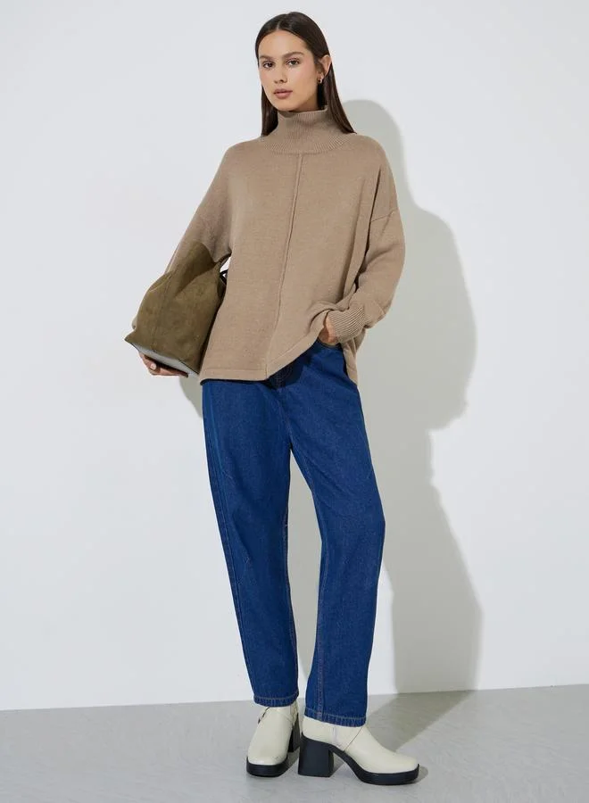 Styli Brown Turtle Neck Oversized Knit Top