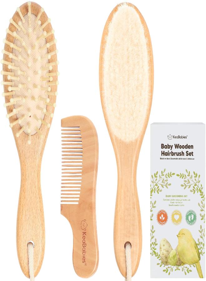 KeaBabies Baby Hair Brush and Baby Comb Set - Wooden Baby Brush with Soft Goat Bristle - Toddler Hair Brush Baby Brush and Comb Set - Baby Brush Set for Newborns - Infant Hair Brush, Cradle Cap (Oval, Walnut) - Image 1