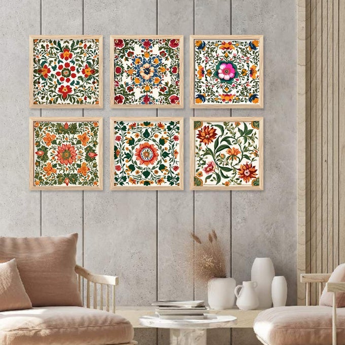 INDIAN PICHWAI ART FRAMED PAINTING FOR LIVING ROOM BEDROOM OFFICE HOTELPAINTING FOR WALL DECORATION 10 INCH X 10 INCH SET OF 6 ARTWORK 15