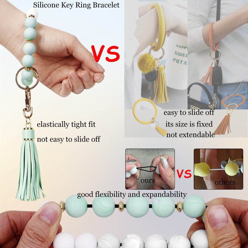 BIHRTC 12mm Silicone Beaded Bracelet Keychain Bangle Key Chains Bangle Wristlet Keychain with Leather Tassel for Women Bracelet Keyring Portable House Car Keys Ring Holder - Image 4