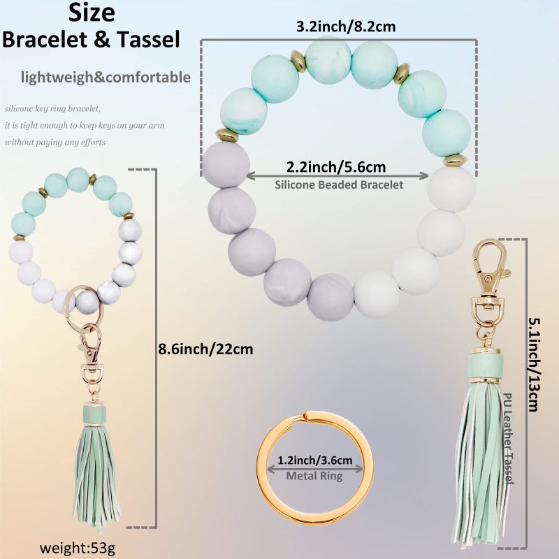 BIHRTC 12mm Silicone Beaded Bracelet Keychain Bangle Key Chains Bangle Wristlet Keychain with Leather Tassel for Women Bracelet Keyring Portable House Car Keys Ring Holder - Image 2