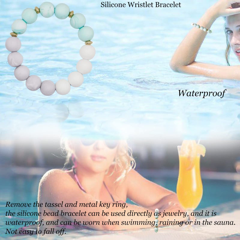 BIHRTC 12mm Silicone Beaded Bracelet Keychain Bangle Key Chains Bangle Wristlet Keychain with Leather Tassel for Women Bracelet Keyring Portable House Car Keys Ring Holder - Image 5