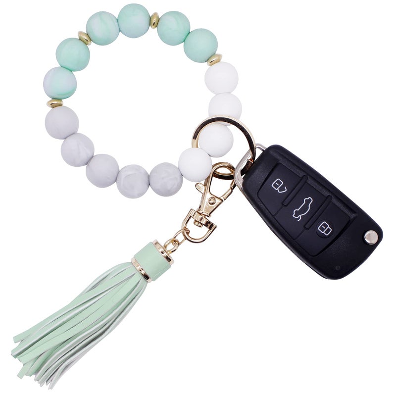 BIHRTC 12mm Silicone Beaded Bracelet Keychain Bangle Key Chains Bangle Wristlet Keychain with Leather Tassel for Women Bracelet Keyring Portable House Car Keys Ring Holder - Image 1