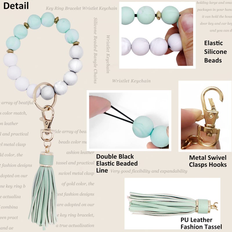 BIHRTC 12mm Silicone Beaded Bracelet Keychain Bangle Key Chains Bangle Wristlet Keychain with Leather Tassel for Women Bracelet Keyring Portable House Car Keys Ring Holder - Image 3