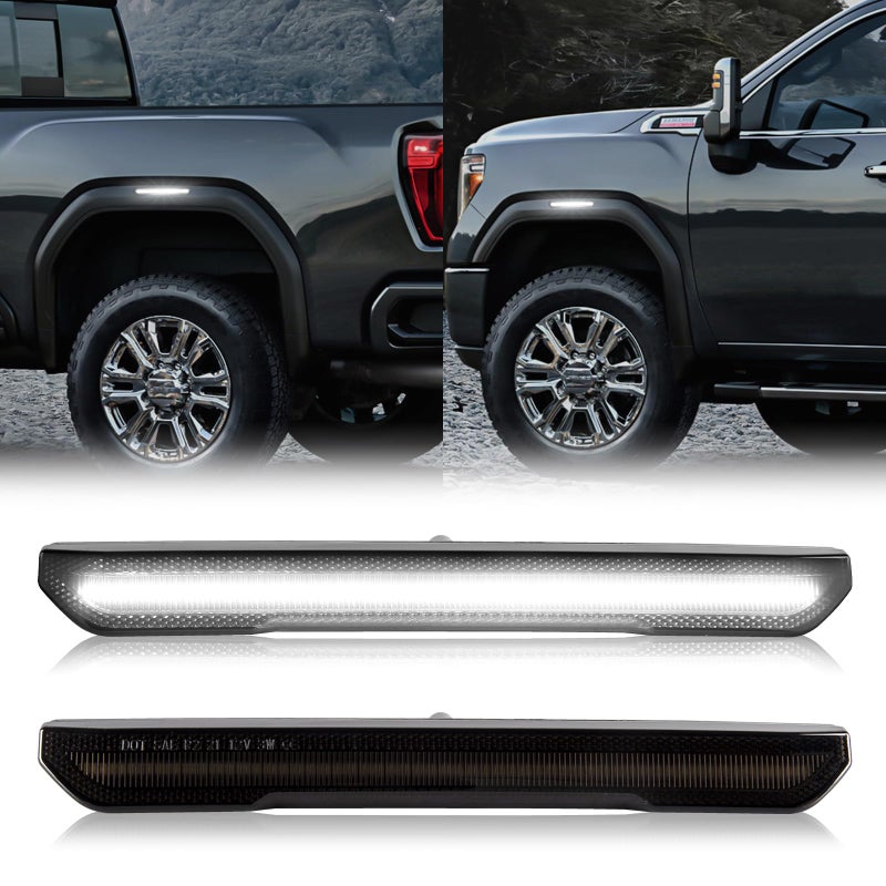 أضواء علامة جانبية LED من جيمبرو متوافقة مع GMC سييرا 2500HD 3500HD 2020-2024 بيك أب شاحنة أضواء علامة الفندر الأمامية والخلفية 2PCS LED أبيض