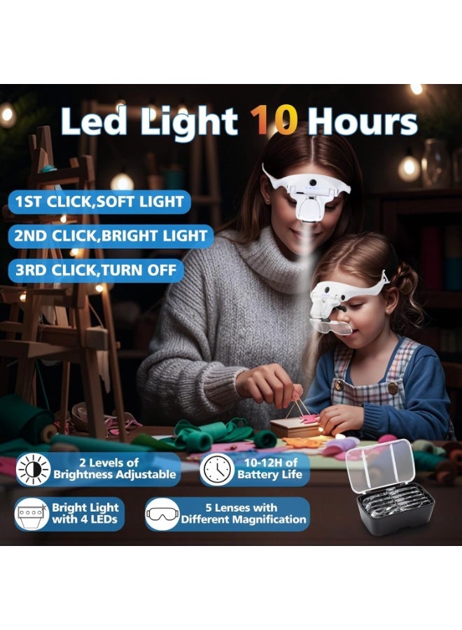 Azonee نظارات مكبرة مع ضوء لمجموعات فن الماس، مع 4 مصابيح LED، نظارة مكبرة بعصابة رأس مع 5 عدسات قابلة للفصل، قابلة للتعديل مع شريط رأس للمجوهرات وإصلاح الساعات والغرز المتقاطعة - Image 3
