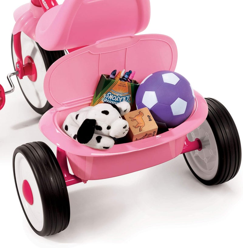 Radio Flyer 415PS دراجة ثلاثية العجلات للأطفال قابلة للتعديل ومجمعة جاهزة للمبتدئين مع إطار فولاذي وقابلة للطي مع حاوية تخزين واسعة وخيوط مقبض، وردي - Image 3