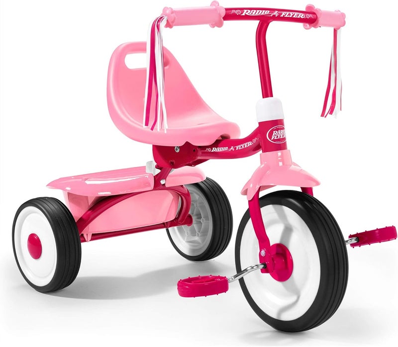 Radio Flyer 415PS دراجة ثلاثية العجلات للأطفال قابلة للتعديل ومجمعة جاهزة للمبتدئين مع إطار فولاذي وقابلة للطي مع حاوية تخزين واسعة وخيوط مقبض، وردي - Image 1